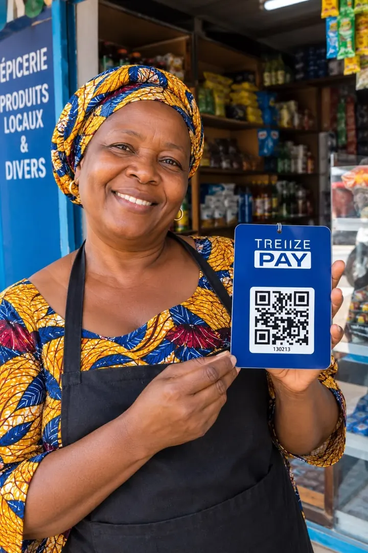 Une commerçante devant son épicerie présente son QR Treiize Pay